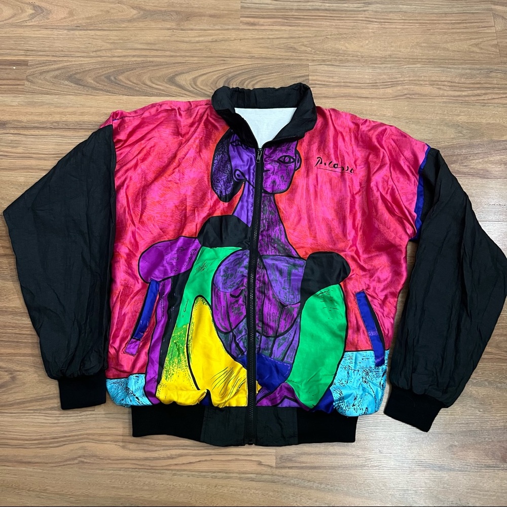 Vintage Picasso Silk Graphic Bomber Jacket 1990s Colorful Graphic womens large